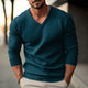 Men's Solid Color V-neck Long-sleeved Knitted Pullover Sweater