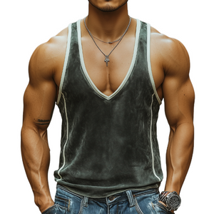 Men's Summer Fashion Personality Leisure Deep V-neck Stitching Suede Tank Top