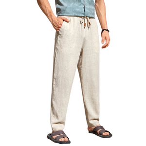 Men's Casual Cotton Linen Elastic Waist Straight Pants