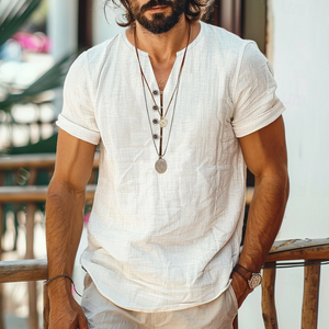 Men's Casual Cotton Linen Henley Collar Loose Short Sleeve T-Shirt