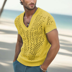 Men's Summer Fashion V-neck Knitted Mesh Breathable T-shirt