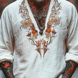 Men's Vintage Casual V-Neck Cotton Blend Embroidered Long Sleeve T-Shirt