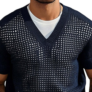 Men's Solid Color Knitted V-Neck Short Sleeve Sweater T-Shirt