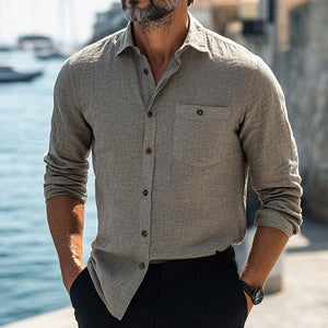 Men's Casual Skin-friendly Gray Cotton And Linen Long-sleeved Shirt