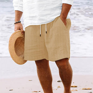Men's Cotton And Linen Striped Beach Drawstring Shorts