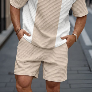 Men's Spring And Summer Casual Waffle Stitching Pullover T-shirt Shorts Set