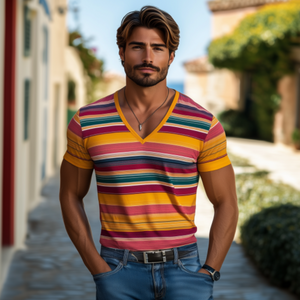 Men's Casual V-neck Contrast Striped Cotton Slim Fit Short-sleeved T-shirt