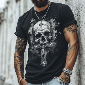 Men's Retro Casual Skull Cross Printed Round Neck Short Sleeve T-Shirt