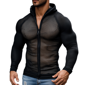 Men's Retro Casual Mesh Fabric Splicing Hooded Zipper Sports Long Sleeve T-Shirt