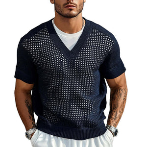 Men's Solid Color Knitted V-Neck Short Sleeve Sweater T-Shirt