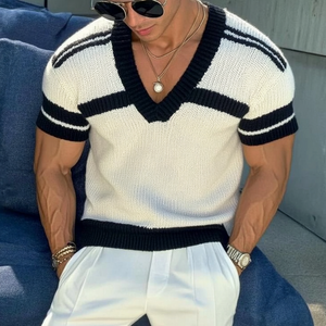 Men's Casual V-neck Striped Jacquard Slim Fit Knitted Short-sleeved Sweater T-Shirt