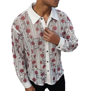 Men's Knitted Rose Jacquard Long Sleeve Shirt