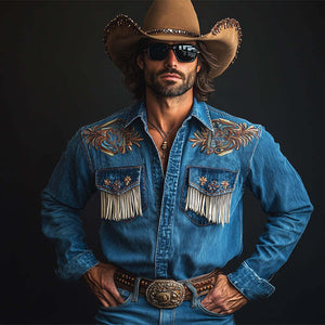 Men's Vintage Dark Blue Embroidered Tassel Western Denim Shirt