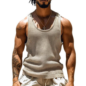 Men's Solid Color Round Neck Striped Textured Tank Top
