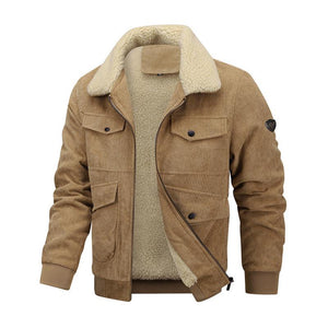 Men's Casual Lapel Corduroy Thickened Lambswool Multi-Pocket Zipper Jacket