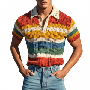 Men's Casual Rainbow Striped Lapel Knitted Short Sleeve Polo Shirt