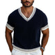 Men's Contrast Knit V-Neck Short Sleeve Sweater T-Shirt