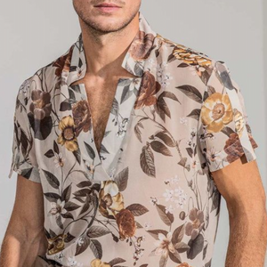 Men's Fashion Casual Retro Printed V-Neck Chiffon Short Sleeve Shirt