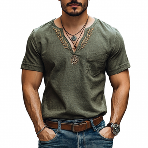 Men's Casual Cotton Linen V-neck Embroidered Patch Pocket Short-sleeved T-shirt