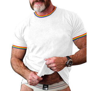 Men's Rainbow Stripe Patchwork Round Neck Short Sleeve T-Shirt