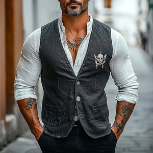 Men's Vintage Skull Print V-Neck Vest