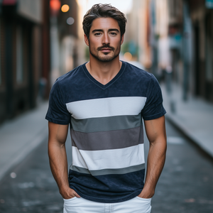 Men's Spring Fashion Personality Slim V-neck Suede Splicing Short Sleeve T-shirt