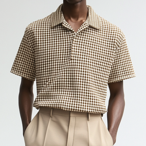 Men's Casual Houndstooth Lapel Loose Short Sleeve Polo Shirt