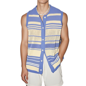 Men's Casual Contrast Color Striped Round Neck Single Breasted Knitted Sleeveless Shirt