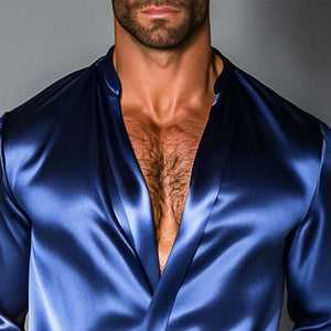Men's Loose Shiny Stand Collar Long Sleeve Shirt