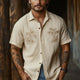Men's Casual Khaki Tencel Vintage Embroidery Short Sleeve Shirt