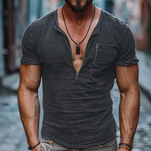 Men's Casual Cotton Washed Zippered Neck Patch Pocket Short Sleeve T-Shirt