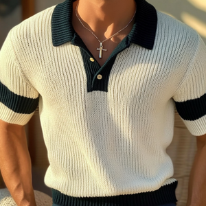Men's Casual Contrast Lapel Slim Fit Knitted Short Sleeve Polo Shirt