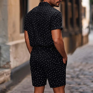 Men's Diamond Dot Lapel Knitted Casual Short Sleeve Shorts Set