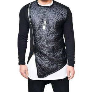 Men's Leather Stitching Zip-up Round Neck Long-sleeved T-shirt (Internal T-shirt Not Included)