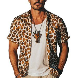 Men's Summer Fashion Giraffe Texture Print Casual Short Sleeve Shirt