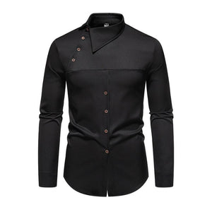 Men's Casual Lapel Slanted Placket Asymmetric Slim Fit Long Sleeve Shirt