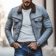 Men's Gray Distressed Lapel Washed Denim Jacket