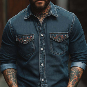 Men's Vintage Blue Embroidered Washed Denim Long Sleeve Shirt