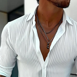 Men's Solid Color Striped Lapel Long Sleeve Shirt