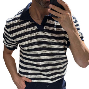 Men's Knitted Striped Casual Short-sleeved POLO Shirt