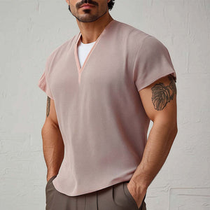 Men's Summer Basic V-neck Textured Short-sleeved T-shirt