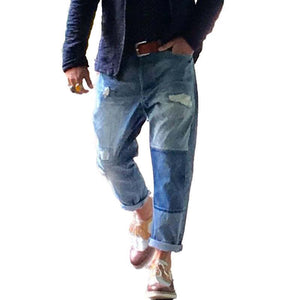 Men's Vintage Washed Distressed Patchwork Jeans