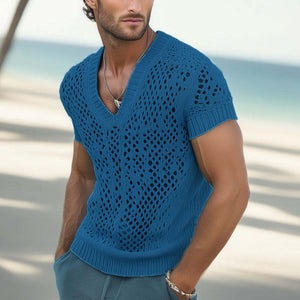 Men's Summer Fashion V-neck Knitted Mesh Breathable T-shirt