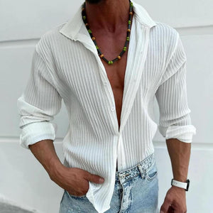 Men's Solid Striped Lapel Long Sleeve Casual Shirt