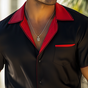Men's Fashion Spring And Summer Contrast Color Stitching Satin Short Sleeve Shirt
