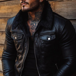 Men's Vintage Fur Collar Leather Jacket