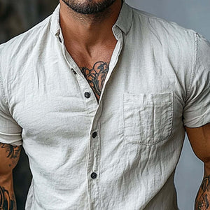 Men's Cotton Solid Color Lapel Short Sleeve Shirt