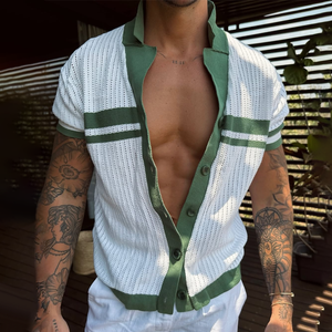 Men's Knit Striped Notch Lapel Single Breasted Short Sleeve Polo Shirt