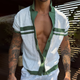 Men's Knit Striped Notch Lapel Single Breasted Short Sleeve Polo Shirt
