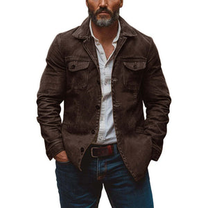 Men's Vintage Heavy Washed Leather Lapel Single Breasted Multi-Pocket Work Jacket